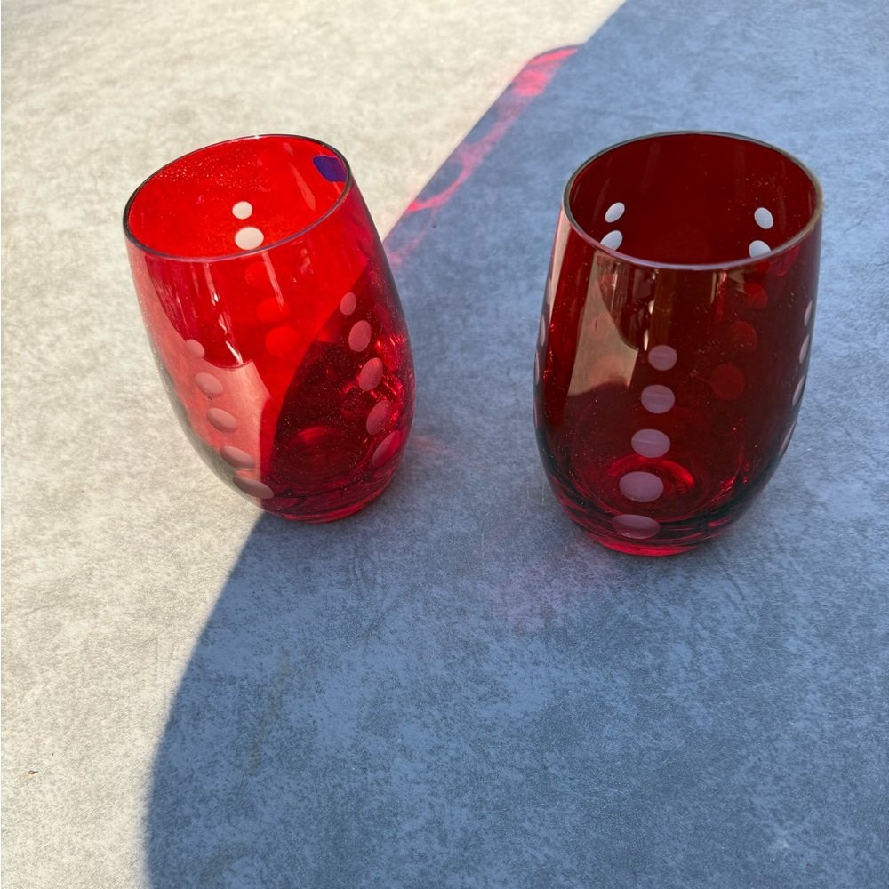 Mikasa Red and White Polka Dot 4 Stemless Wine or Juice Glass